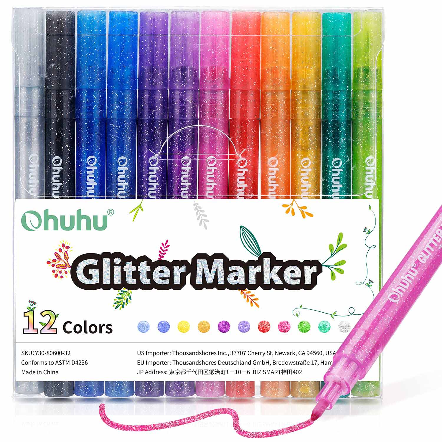 Ohuhu Water-Based Glitter Metallic Marker Pens. 12 Shimmer Colors