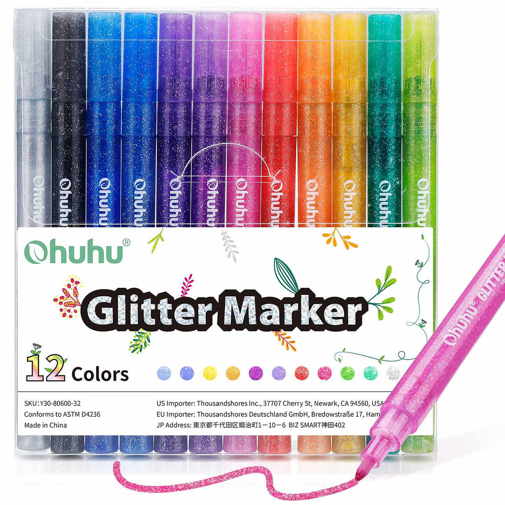 Ohuhu Water-Based Glitter Metallic Marker Pens. 12 Shimmer Colors