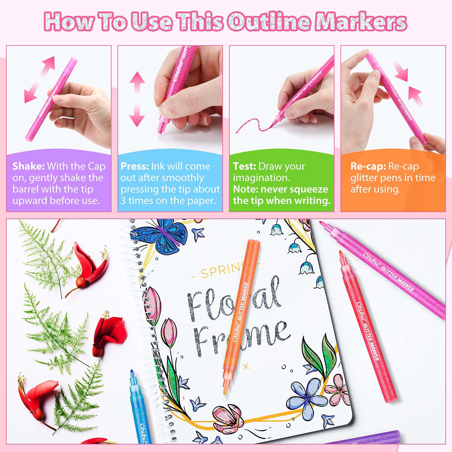 Ohuhu Water-Based Glitter Metallic Marker Pens. 12 Shimmer Colors