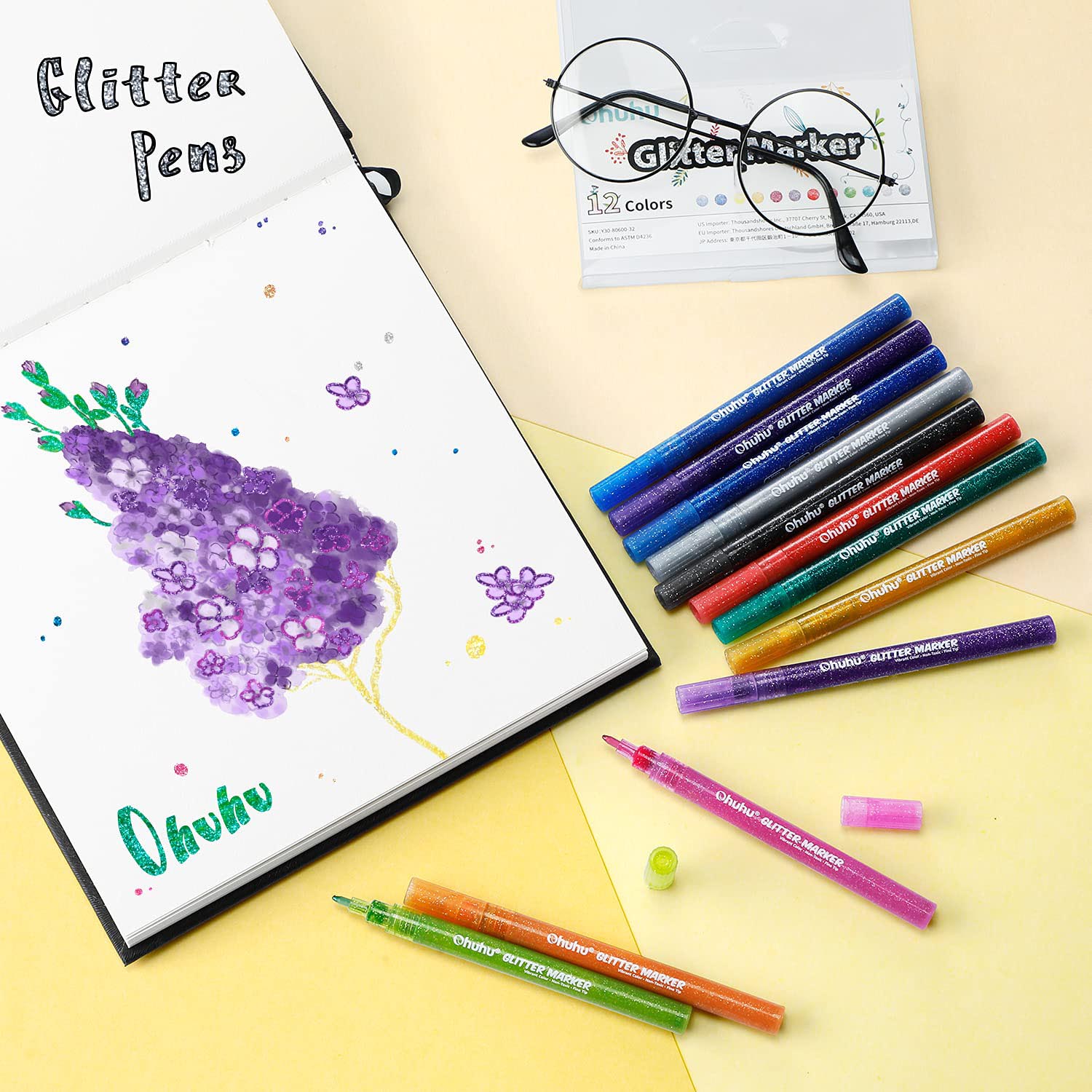 Ohuhu Water-Based Glitter Metallic Marker Pens. 12 Shimmer Colors