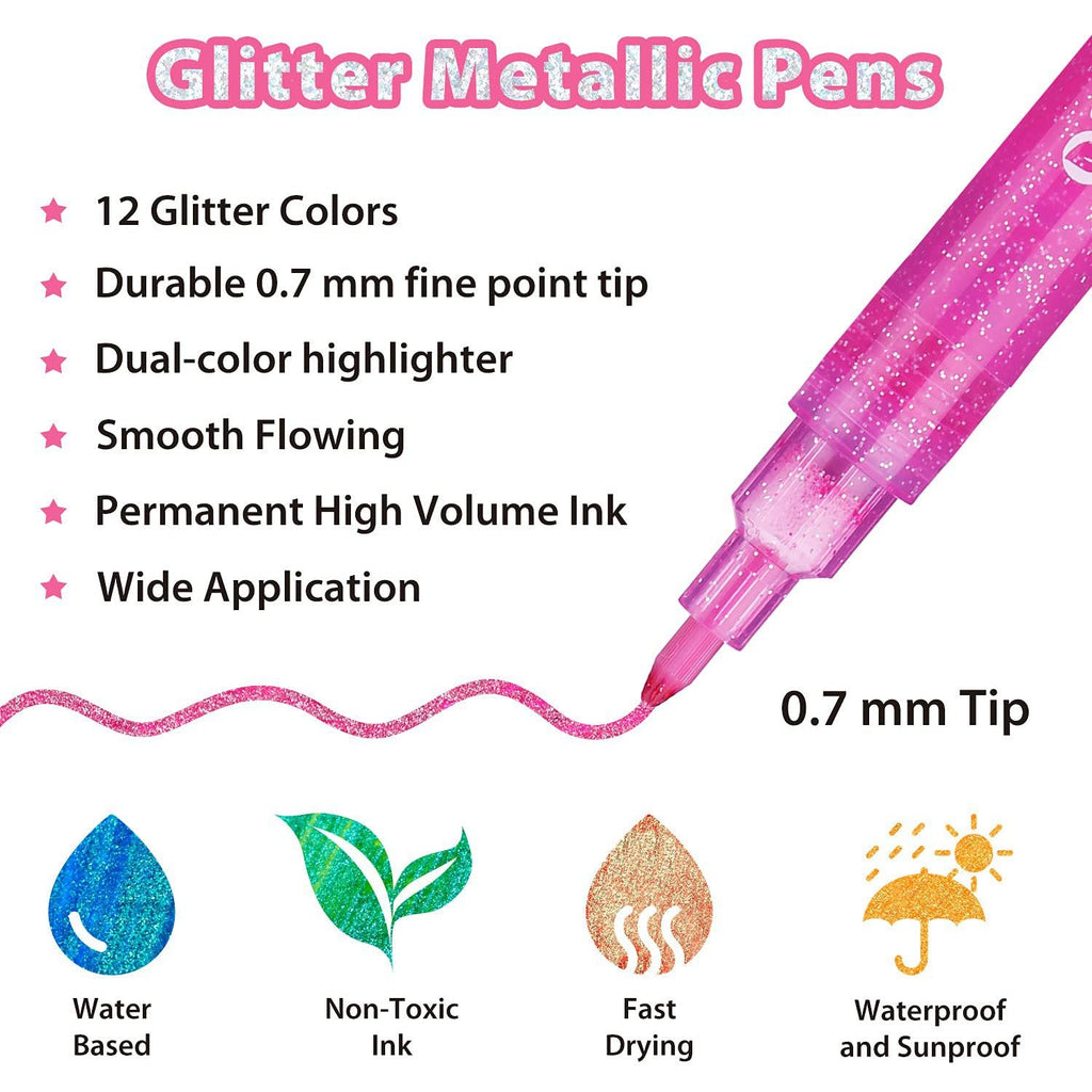 Ohuhu Water-Based Glitter Metallic Marker Pens. 12 Shimmer Colors