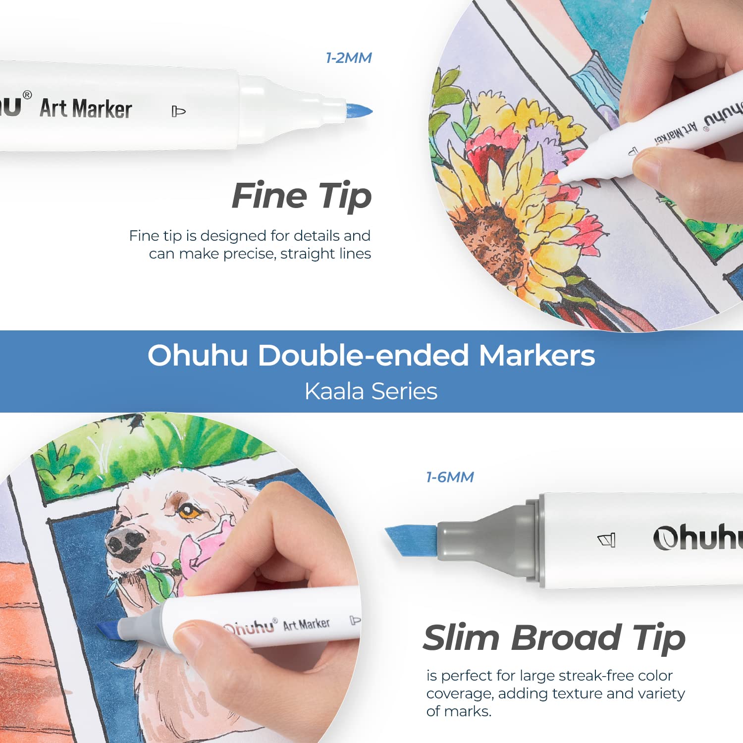 Ohuhu Kaala Slim Broad and Fine Dual Tips Alcohol Art Markers - 24 Basic Colors
