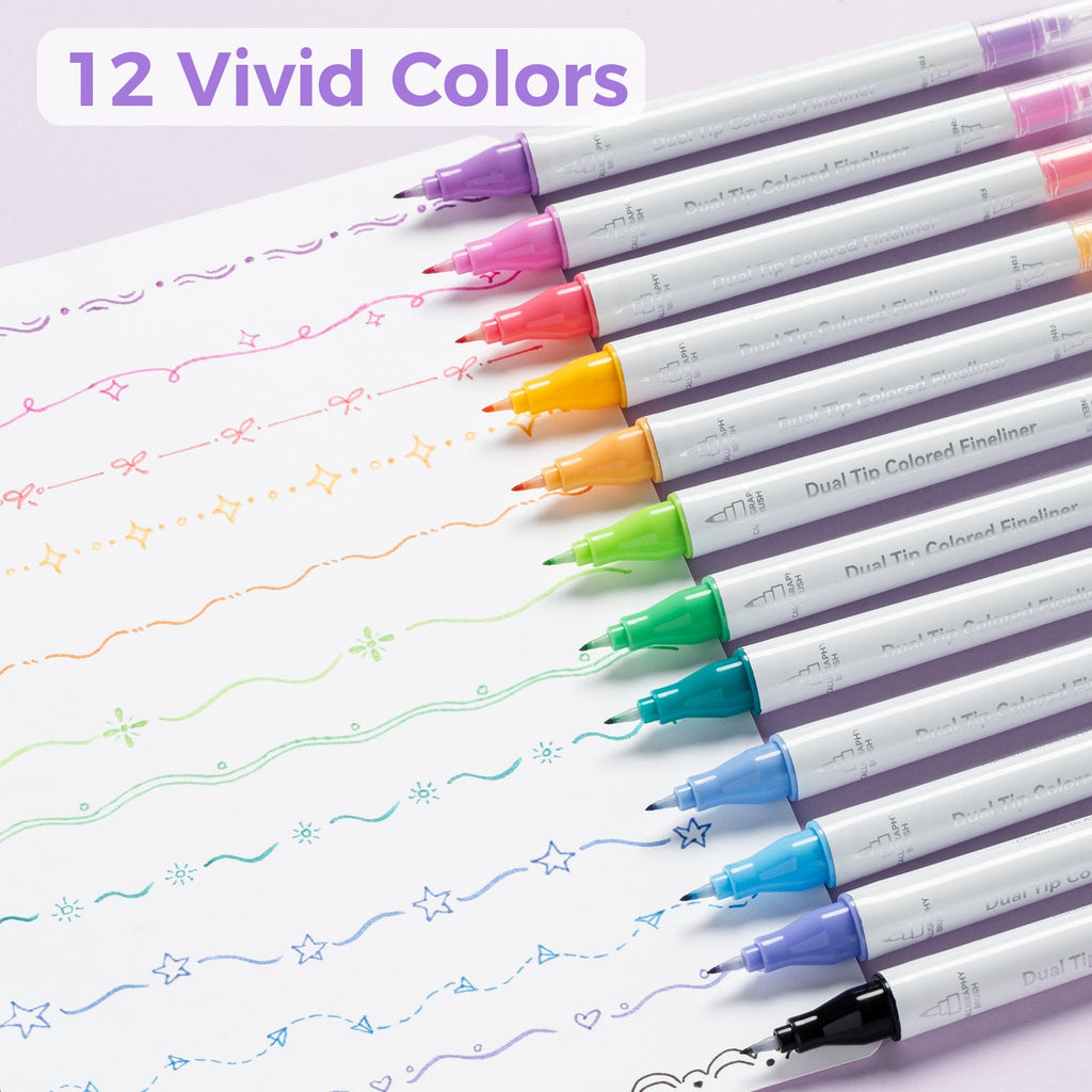 Ohuhu Colored Fineliner & Brush Pens. 12 Colors