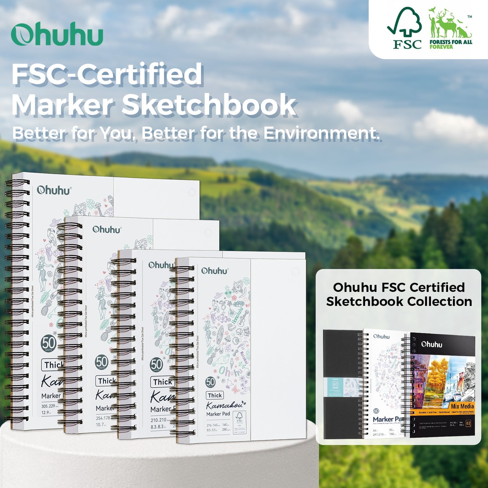 Ohuhu Heavyweight Bleedproof Double-Sided Marker Pad. Spiral-Bound - Kamakou