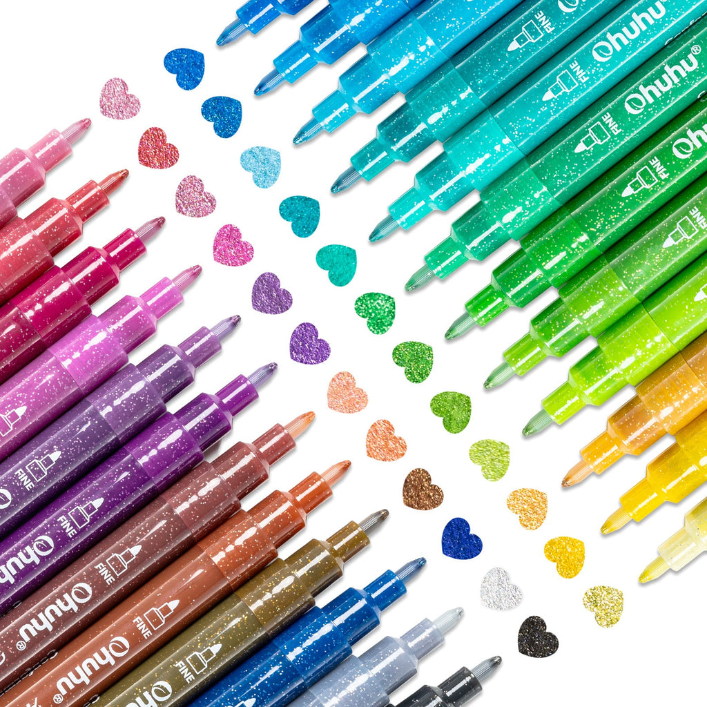 Ohuhu Acrylic Metallic Glitter Markers. 24 Colors - 0.7mm & 3mm Tip Paint Pens