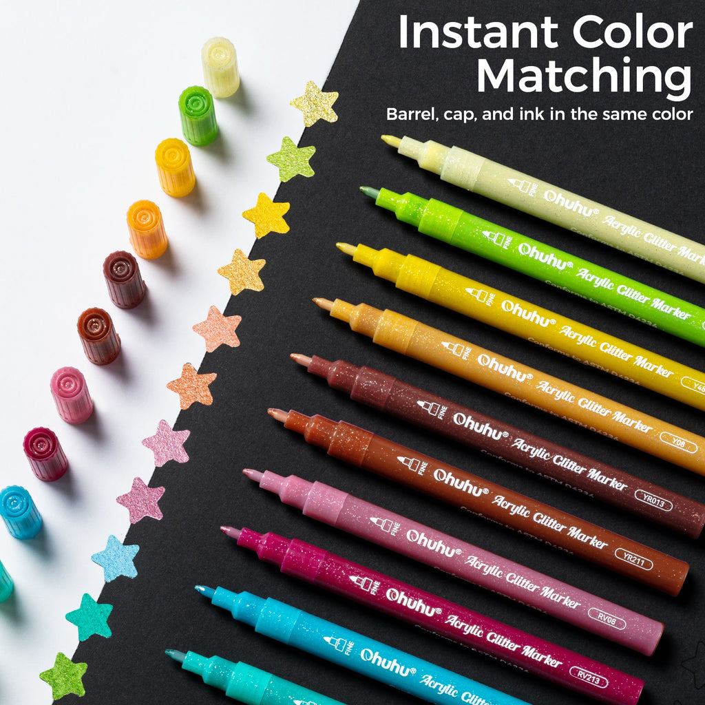 Ohuhu Acrylic Metallic Glitter Markers. 24 Colors - 0.7mm & 3mm Tip Paint Pens