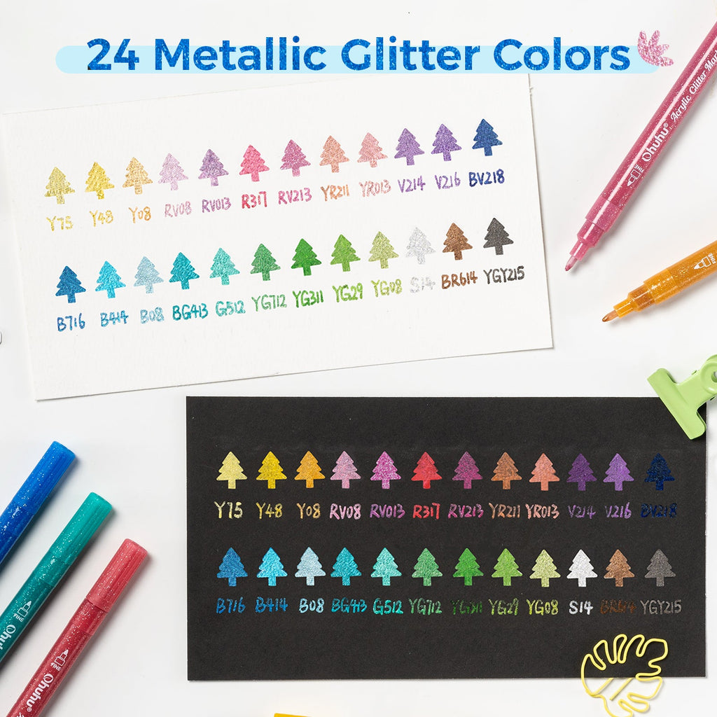 Ohuhu Acrylic Metallic Glitter Markers. 24 Colors - 0.7mm & 3mm Tip Paint Pens