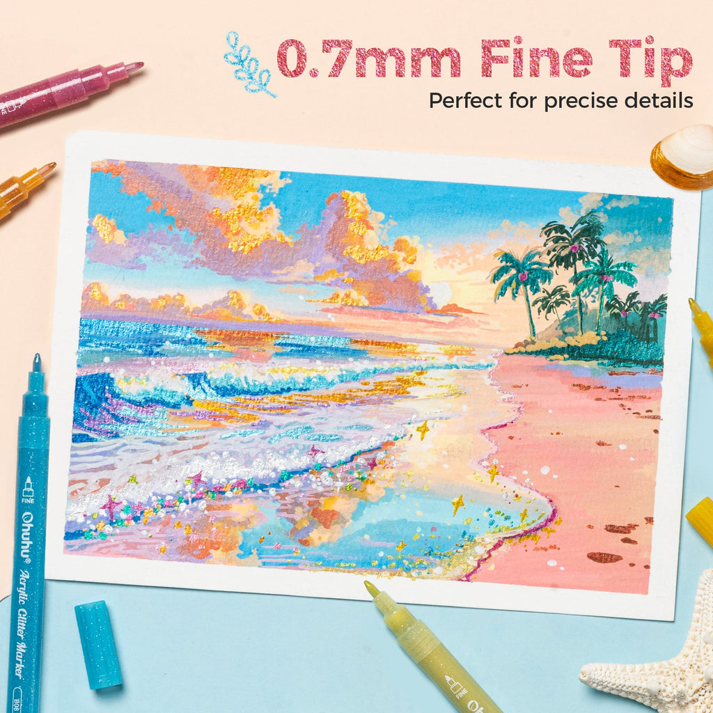 Ohuhu Acrylic Metallic Glitter Markers. 24 Colors - 0.7mm & 3mm Tip Paint Pens