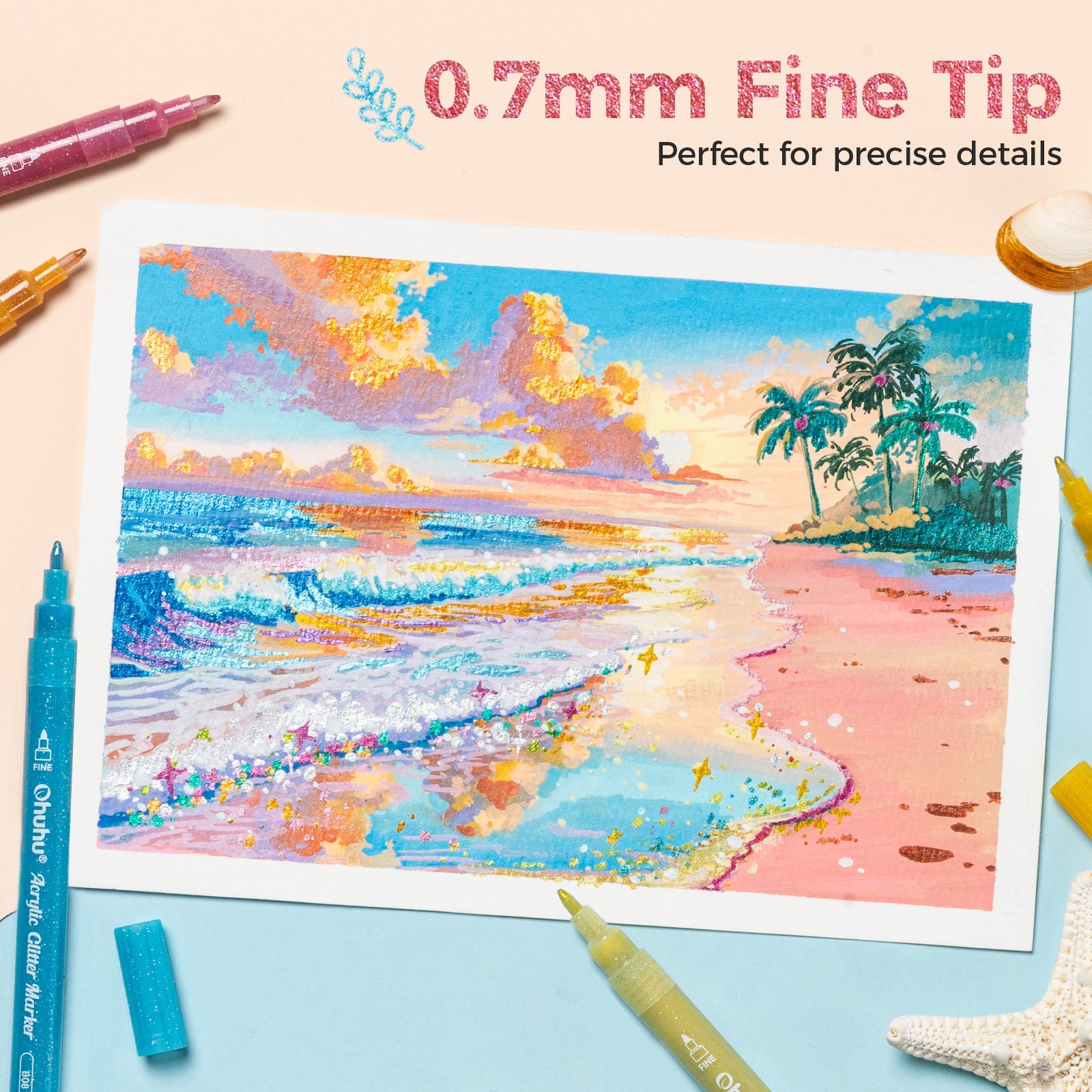 Ohuhu Acrylic Metallic Glitter Markers. 24 Colors - 0.7mm & 3mm Tip Paint Pens