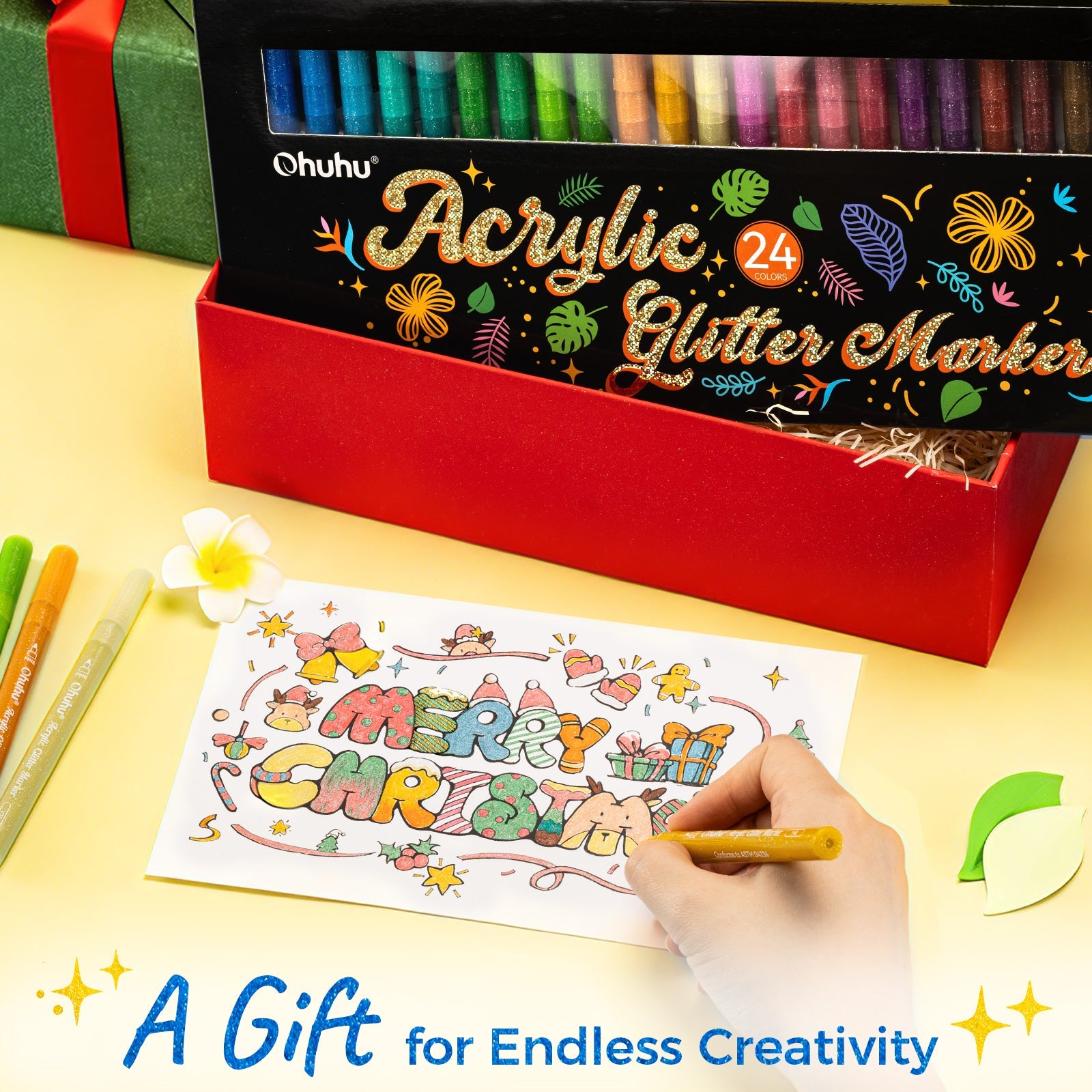 Ohuhu Acrylic Metallic Glitter Markers. 24 Colors - 0.7mm & 3mm Tip Paint Pens