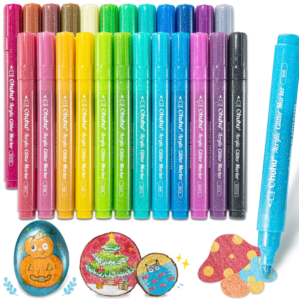 Ohuhu Acrylic Metallic Glitter Markers. 24 Colors - 0.7mm & 3mm Tip Paint Pens