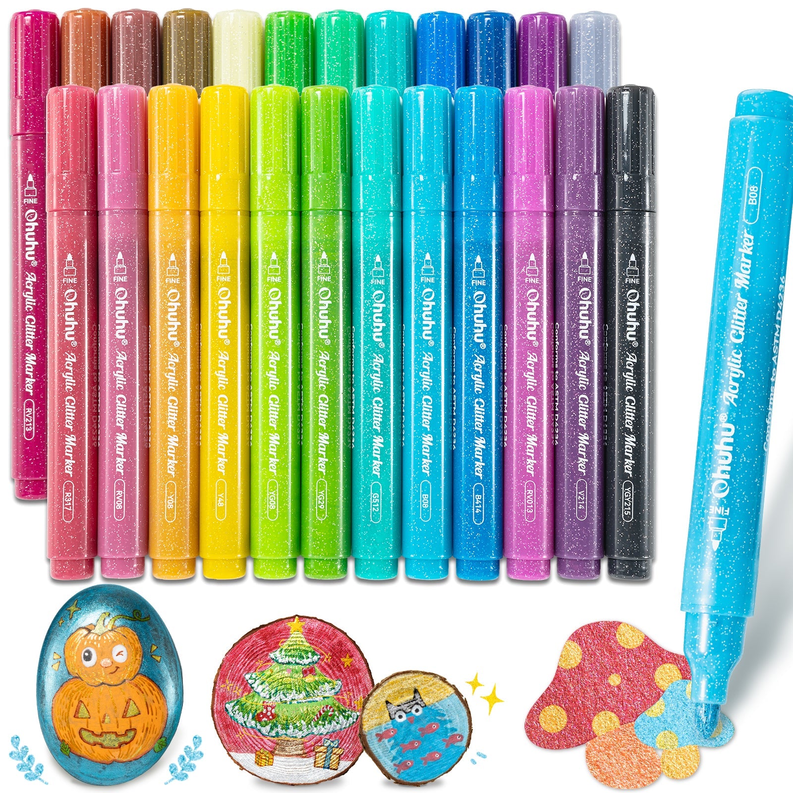 Ohuhu Acrylic Metallic Glitter Markers. 24 Colors - 0.7mm & 3mm Tip Paint Pens