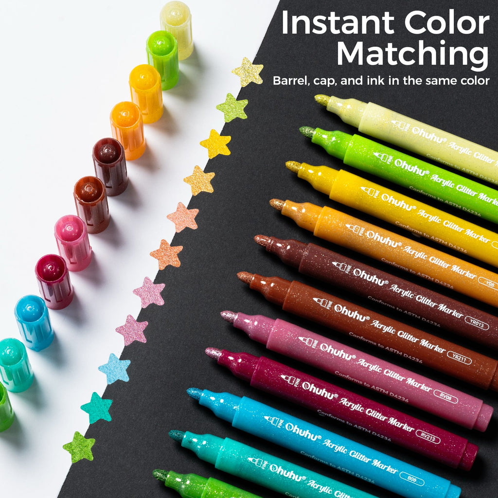 Ohuhu Acrylic Metallic Glitter Markers. 24 Colors - 0.7mm & 3mm Tip Paint Pens