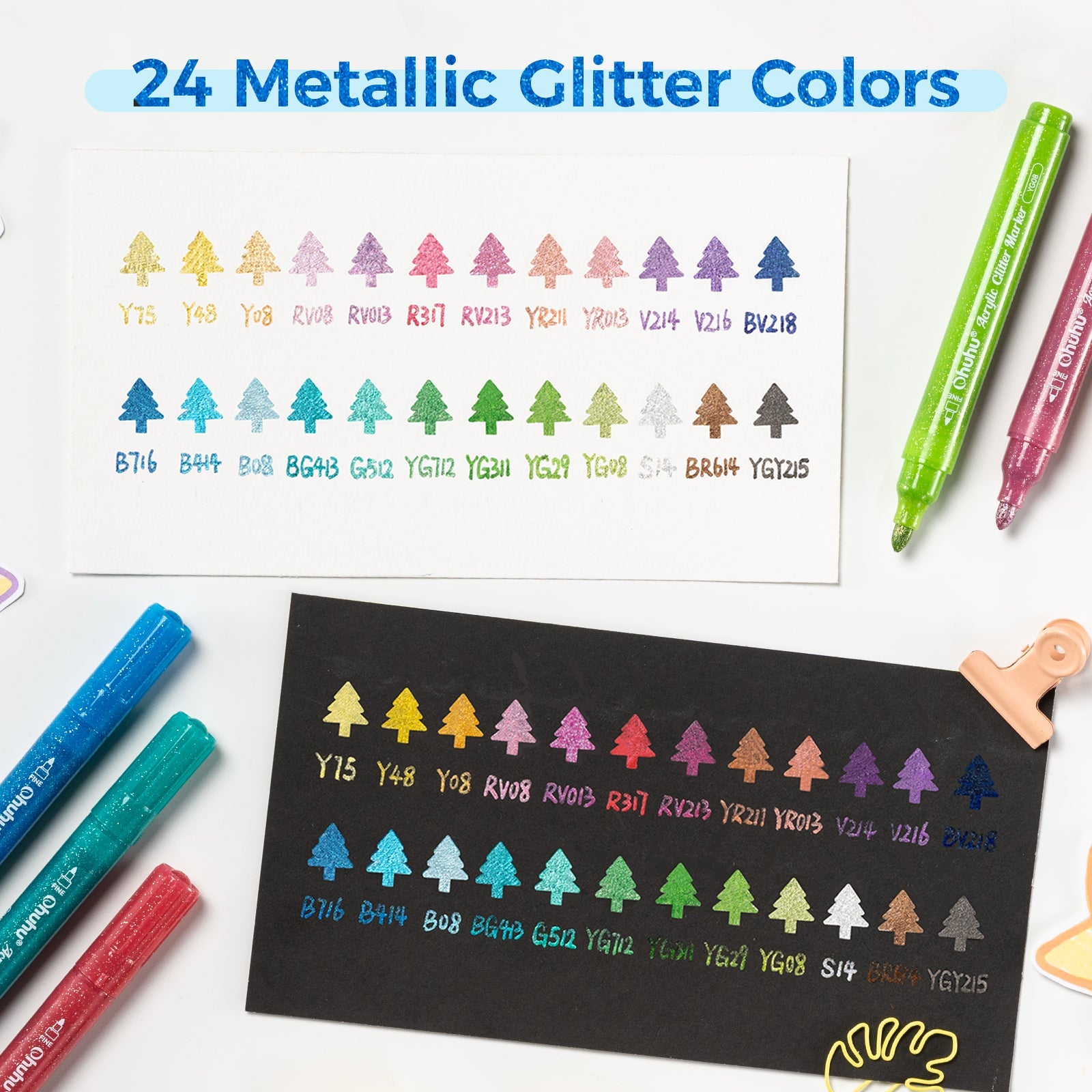 Ohuhu Acrylic Metallic Glitter Markers. 24 Colors - 0.7mm & 3mm Tip Paint Pens