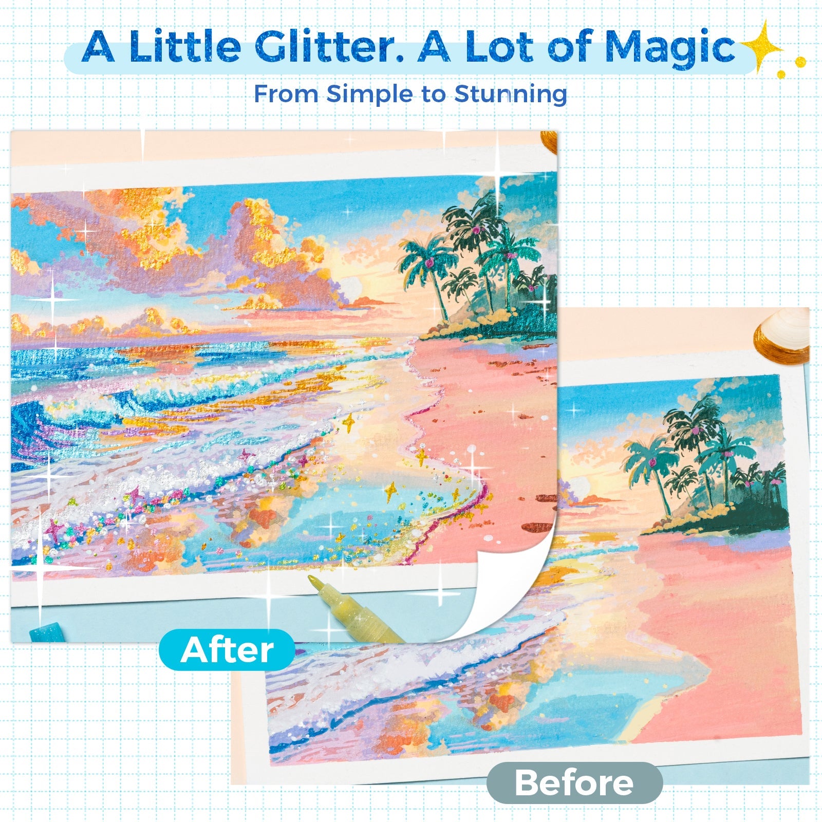 Ohuhu Acrylic Metallic Glitter Markers. 24 Colors - 0.7mm & 3mm Tip Paint Pens
