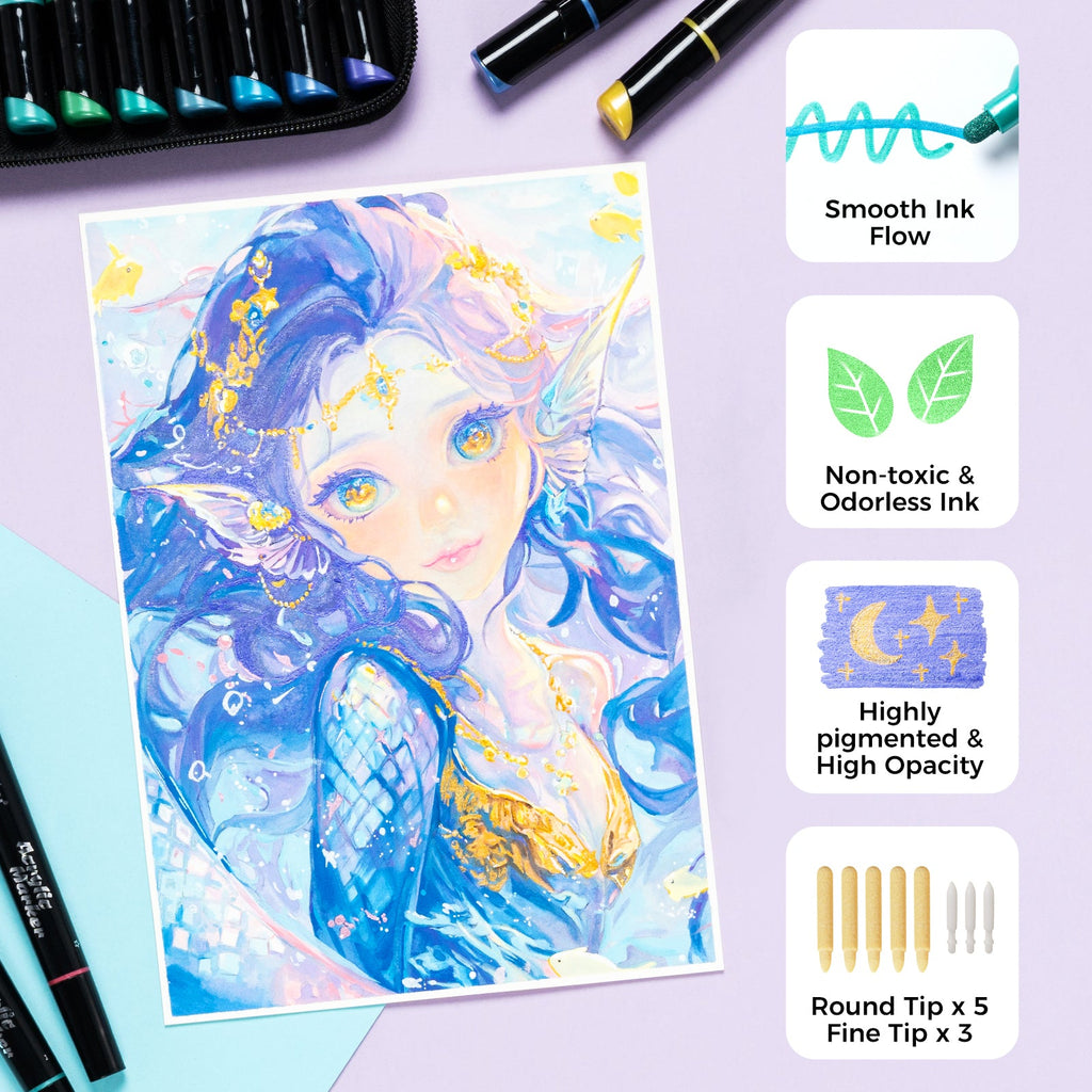 Ohuhu Dual Nib Waterproof Acrylic Pen 30 / 60 / 90 Colors - Kakaako