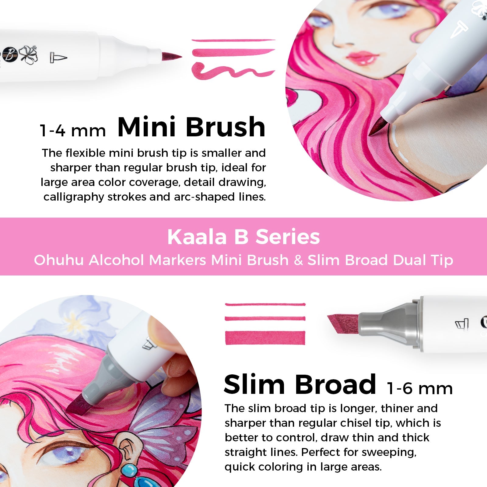 Ohuhu Kaala B Dual Tips Alcohol Art Markers. Slim Broad & Mini Brush