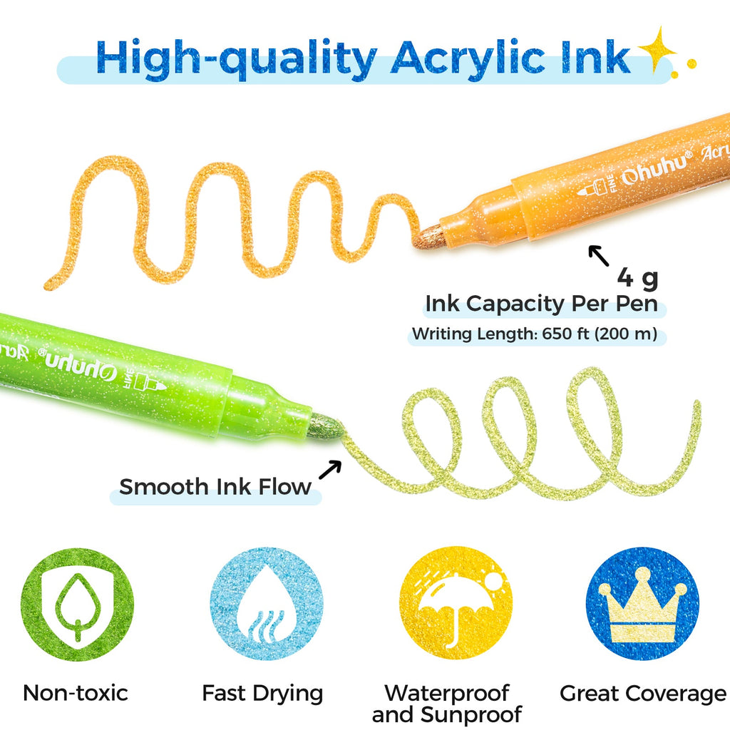 Ohuhu Acrylic Metallic Glitter Markers. 24 Colors - 0.7mm & 3mm Tip Paint Pens