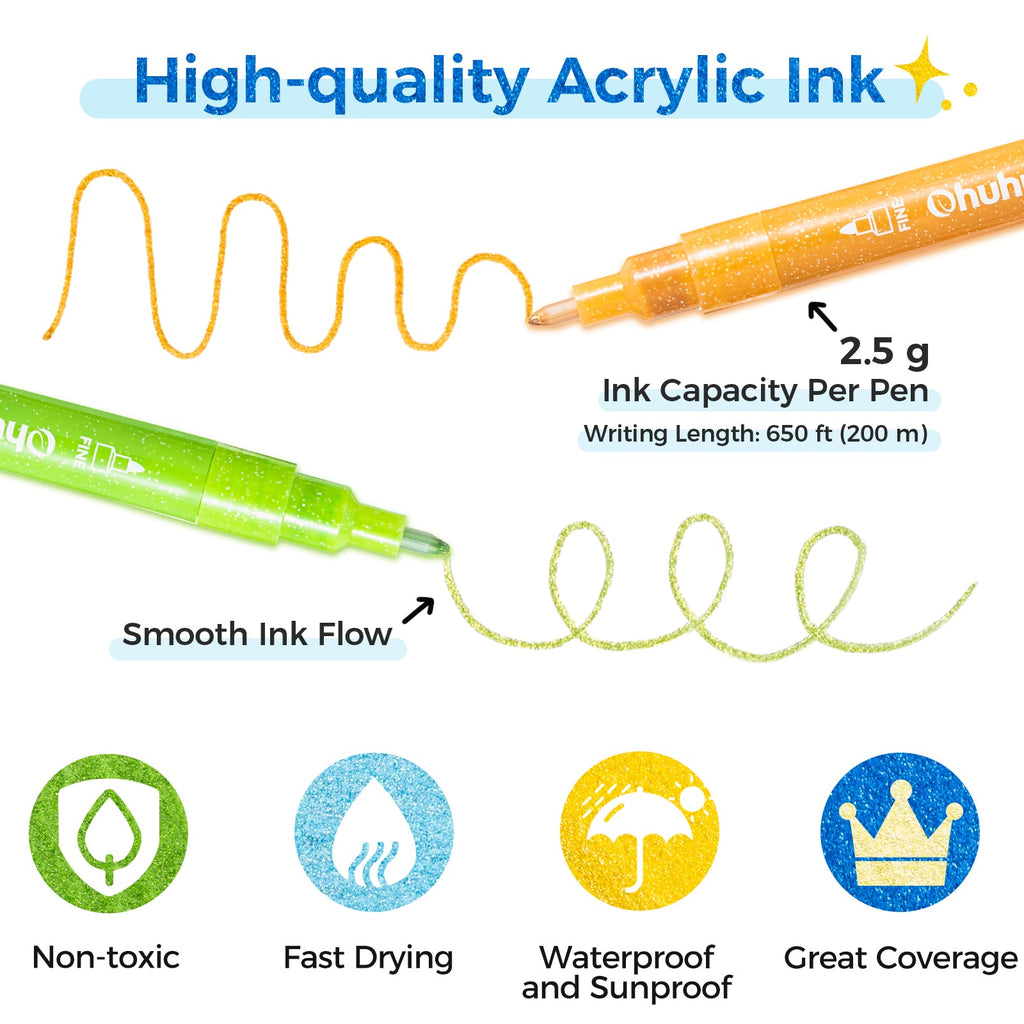 Ohuhu Acrylic Metallic Glitter Markers. 24 Colors - 0.7mm & 3mm Tip Paint Pens