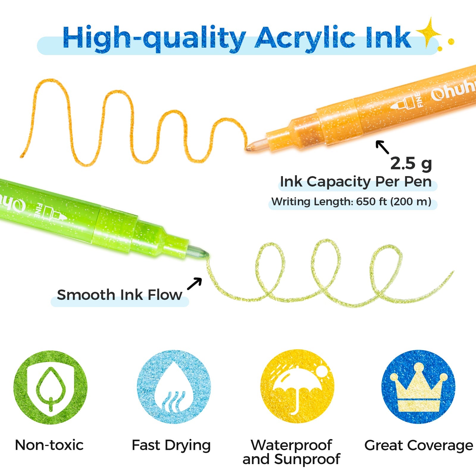 Ohuhu Acrylic Metallic Glitter Markers. 24 Colors - 0.7mm & 3mm Tip Paint Pens