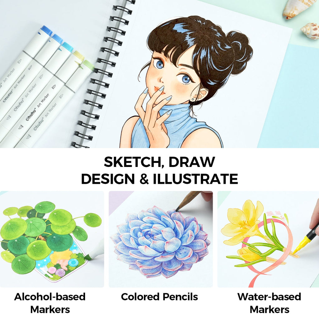 Ohuhu Bleedproof Double-Sided Marker Pad. Spiral-Bound