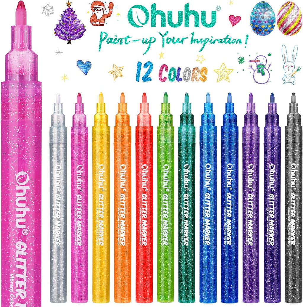 Ohuhu Water-Based Glitter Metallic Marker Pens. 12 Shimmer Colors