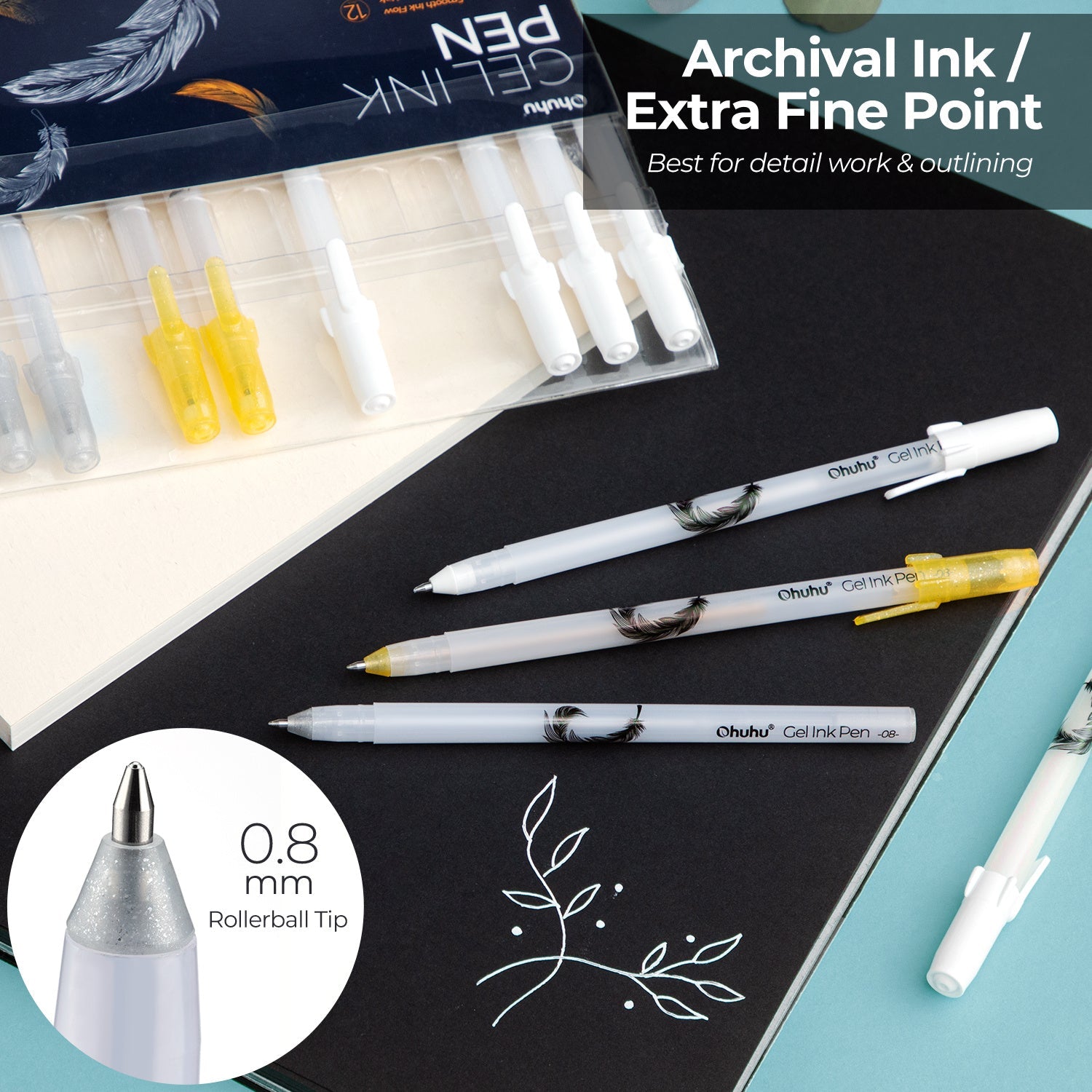 Ohuhu Gel Pens - Gold. Silver. White & Colorful 12-Pack