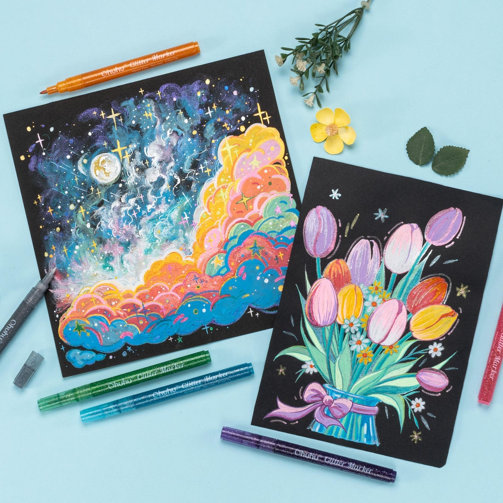 Ohuhu Water-Based Glitter Metallic Marker Pens. 12 Shimmer Colors