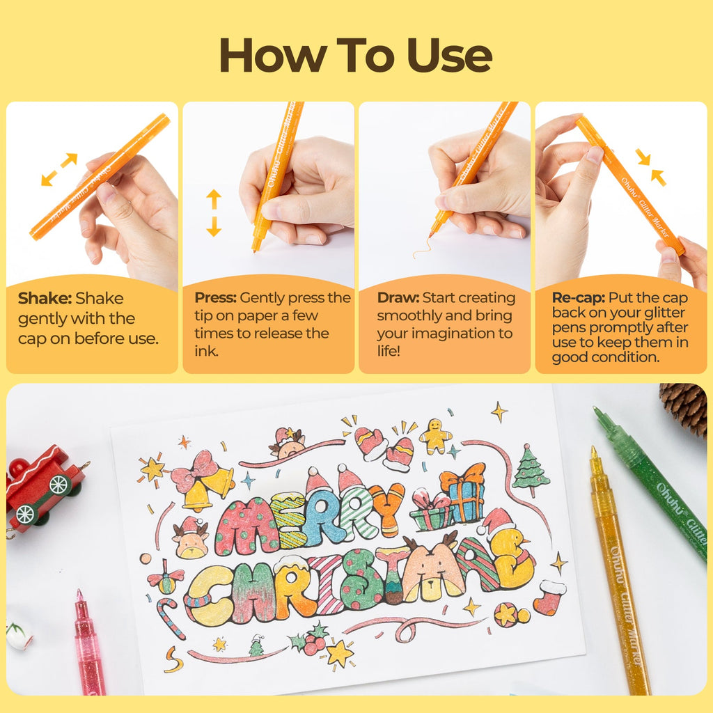 Ohuhu Water-Based Glitter Metallic Marker Pens. 12 Shimmer Colors