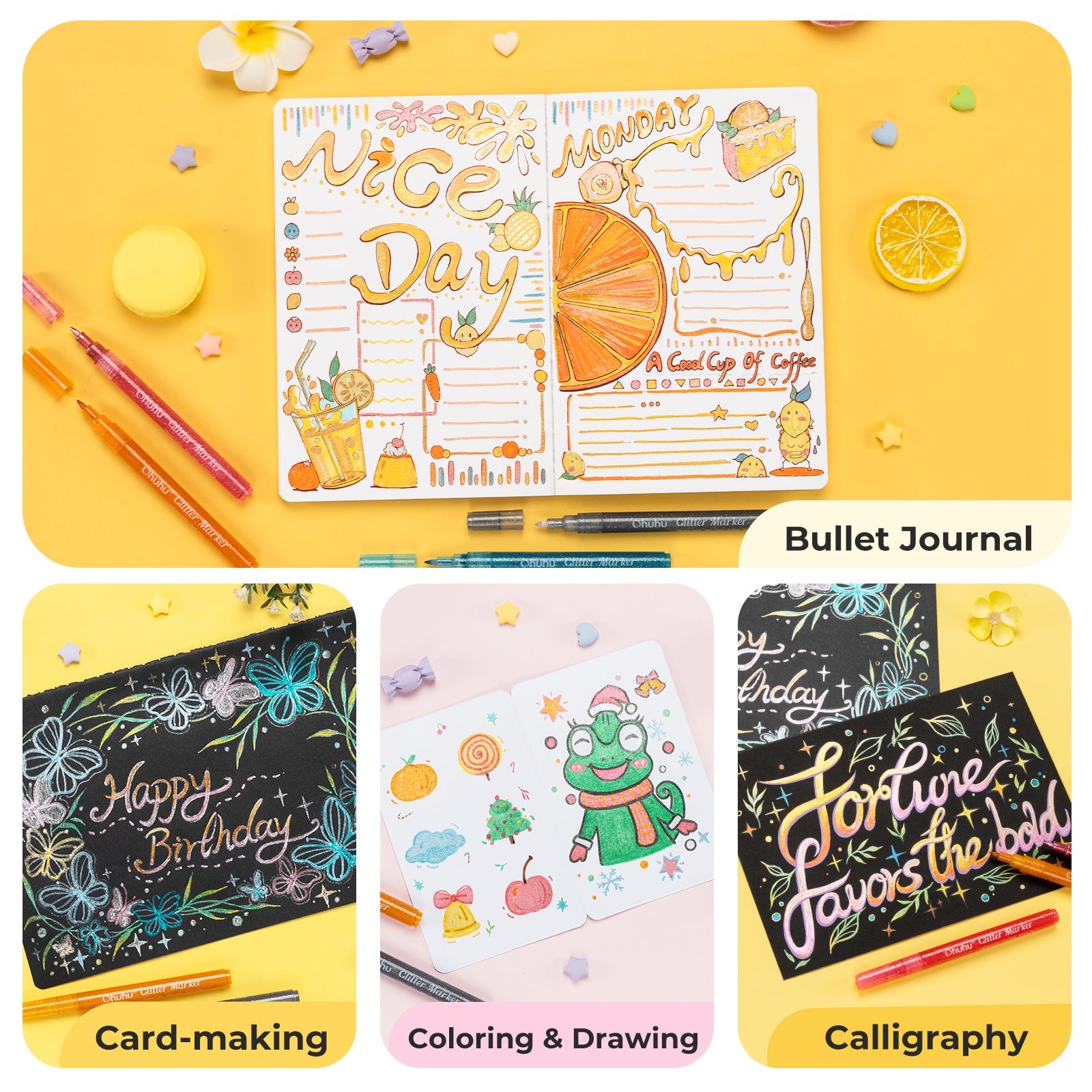 Ohuhu Water-Based Glitter Metallic Marker Pens. 12 Shimmer Colors