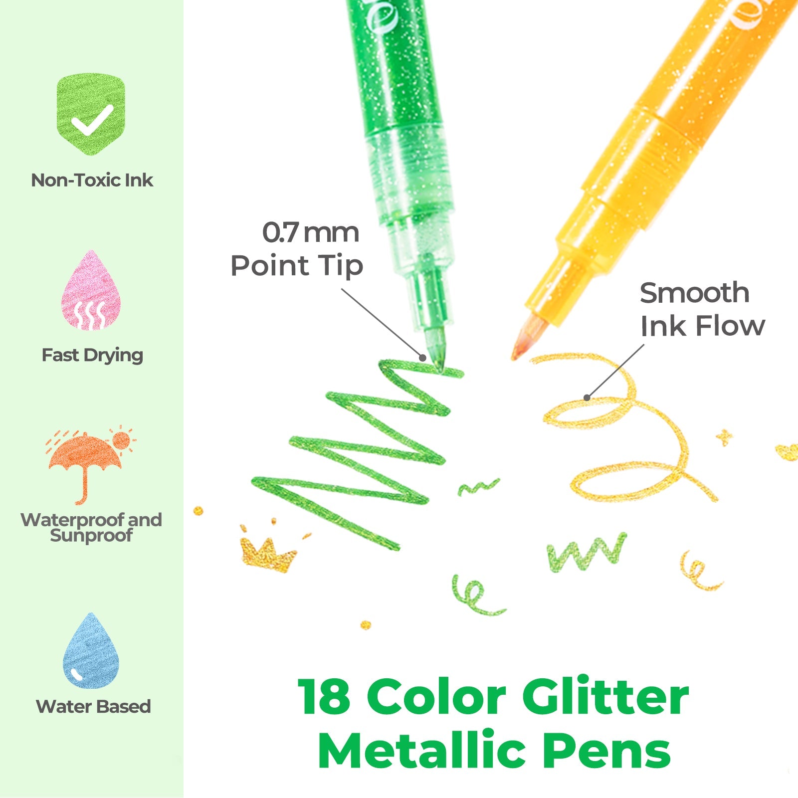 Ohuhu Water-Based Glitter Metallic Marker Pens. 12 Shimmer Colors