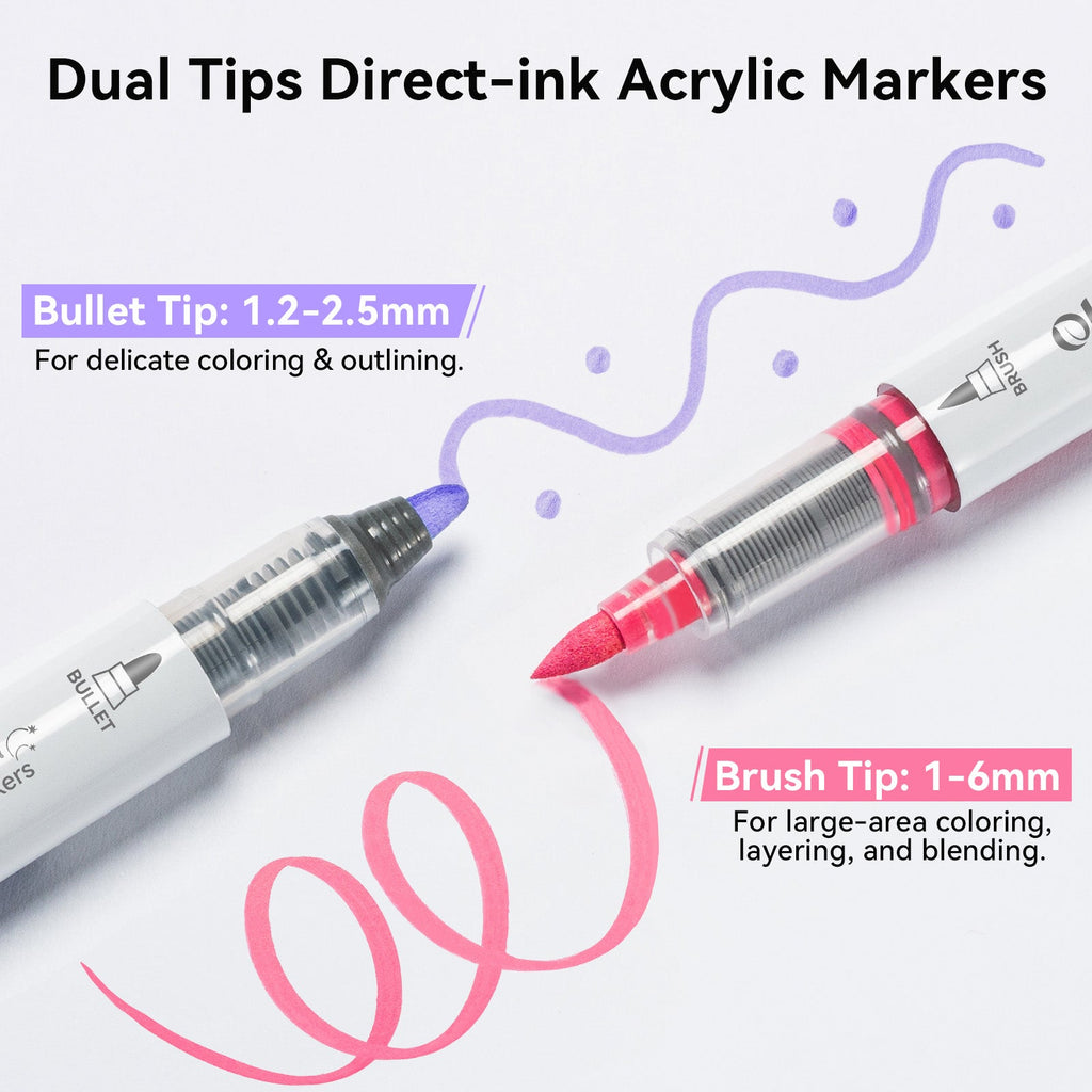 Ohuhu 24 Colors Brush & Bullet Automatic Ink Control Acrylic Markers - Waimoku