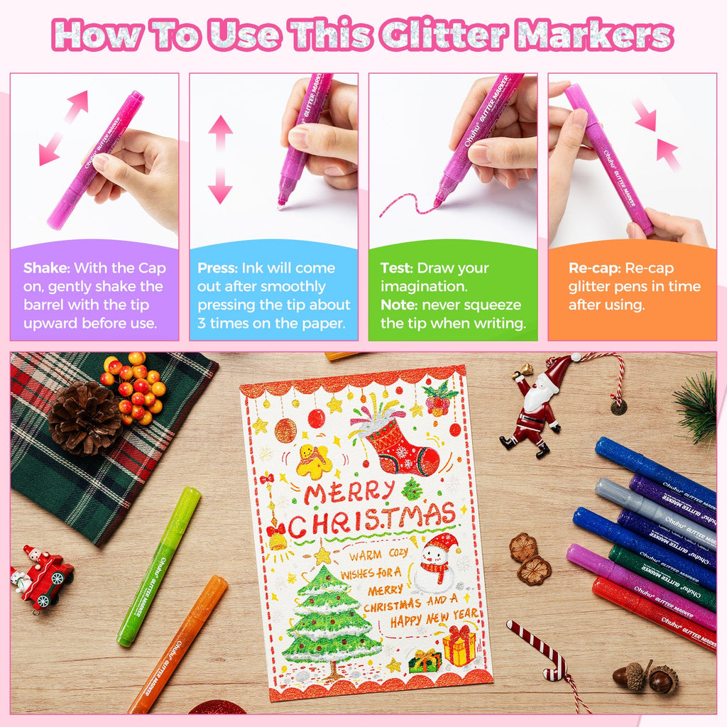 Ohuhu Water-Based Glitter Metallic Marker Pens. 12 Shimmer Colors