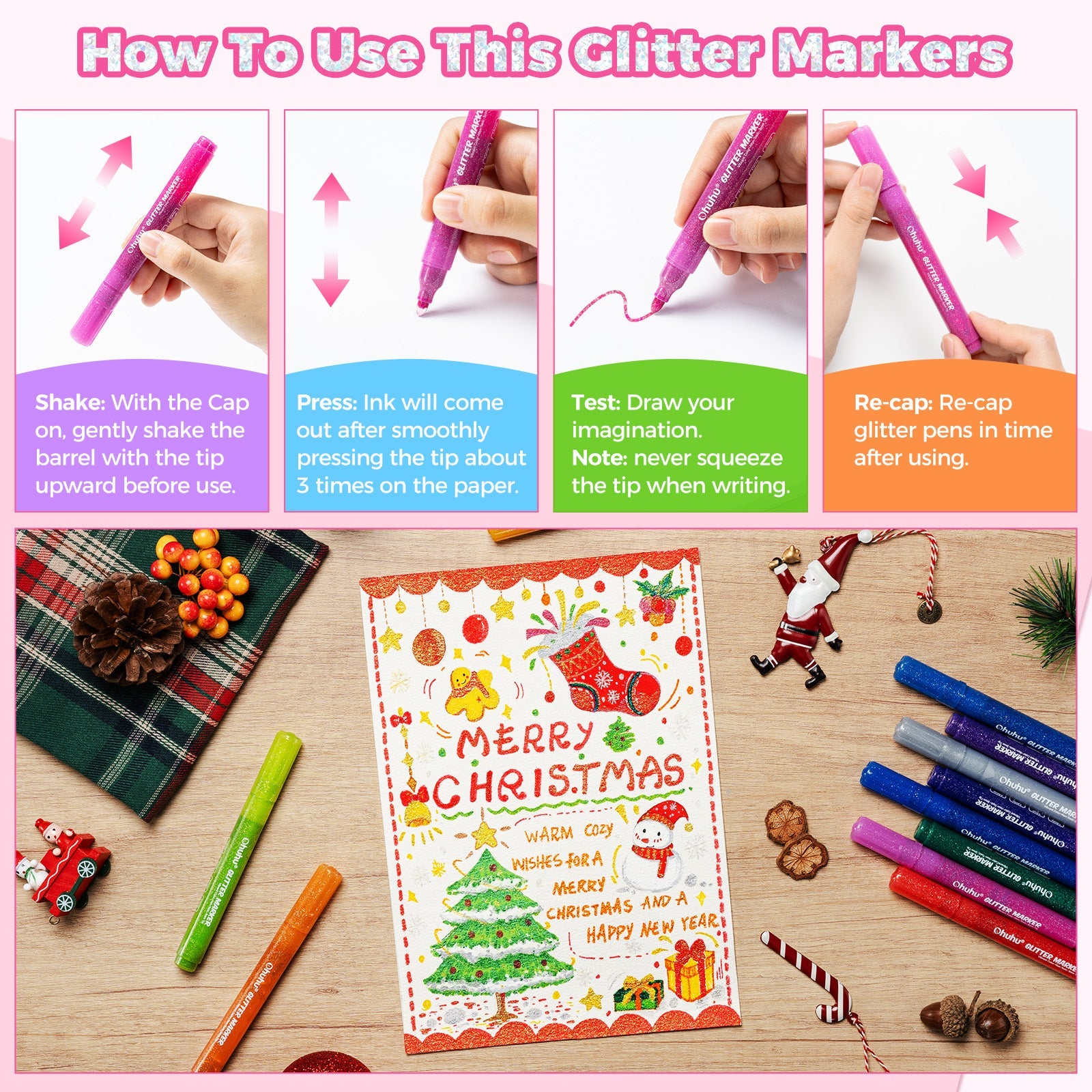 Ohuhu Water-Based Glitter Metallic Marker Pens. 12 Shimmer Colors