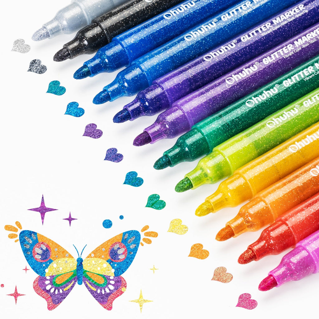 Ohuhu Water-Based Glitter Metallic Marker Pens. 12 Shimmer Colors
