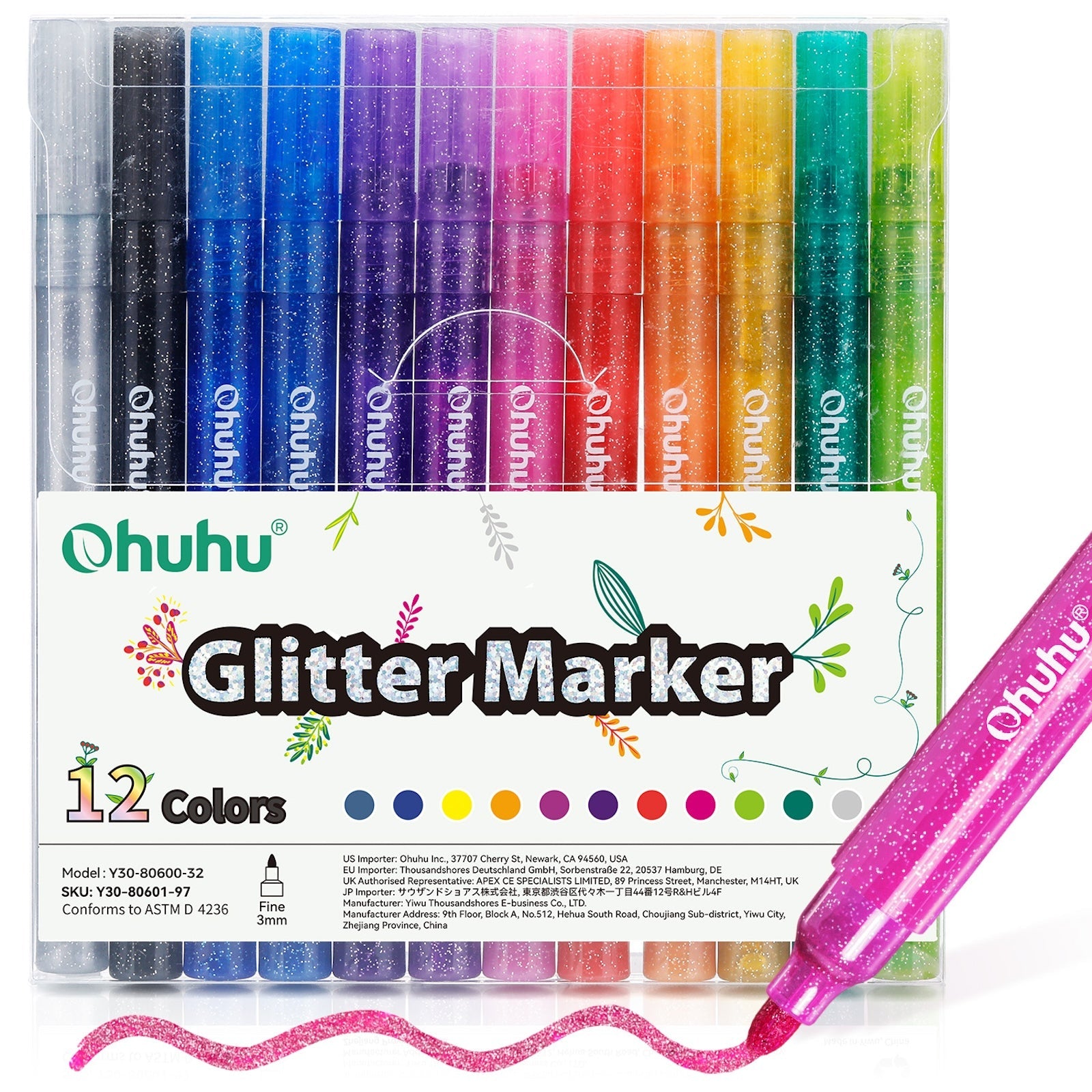 Ohuhu Water-Based Glitter Metallic Marker Pens. 12 Shimmer Colors