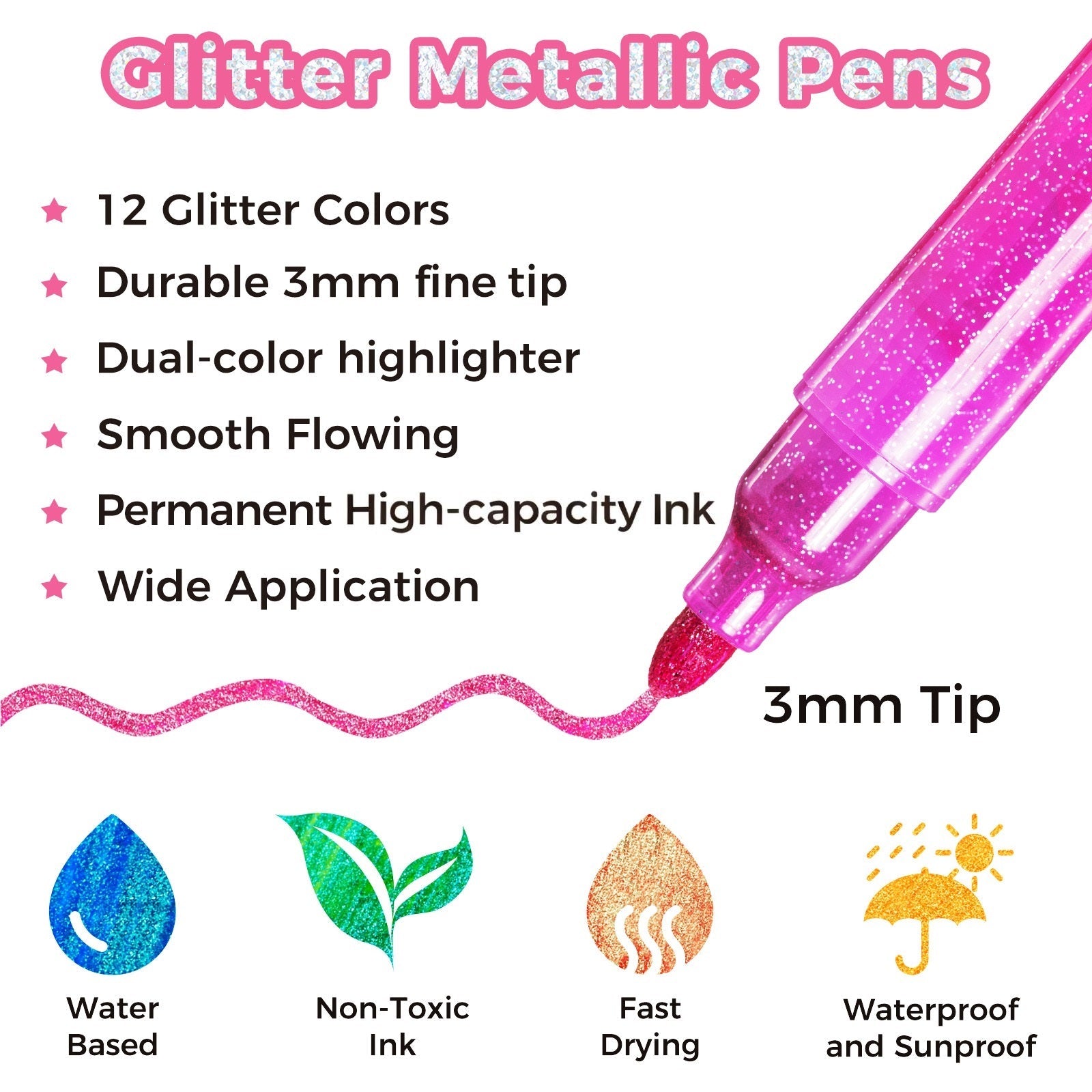 Ohuhu Water-Based Glitter Metallic Marker Pens. 12 Shimmer Colors