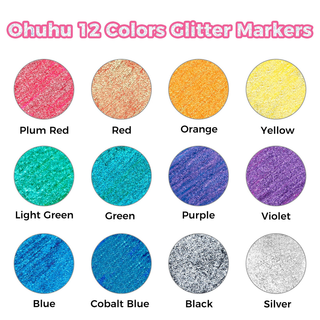 Ohuhu Water-Based Glitter Metallic Marker Pens. 12 Shimmer Colors