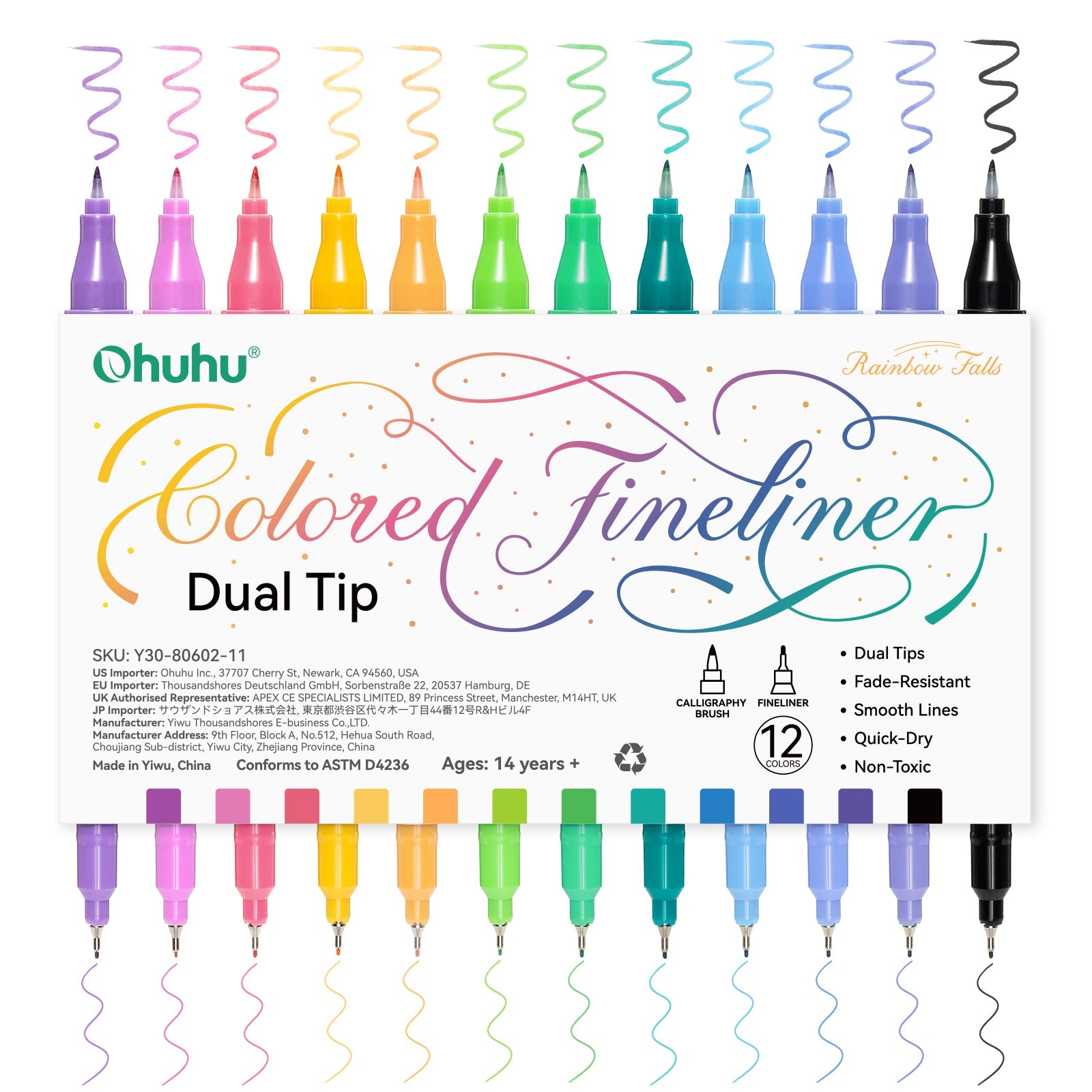Ohuhu Colored Fineliner & Brush Pens. 12 Colors