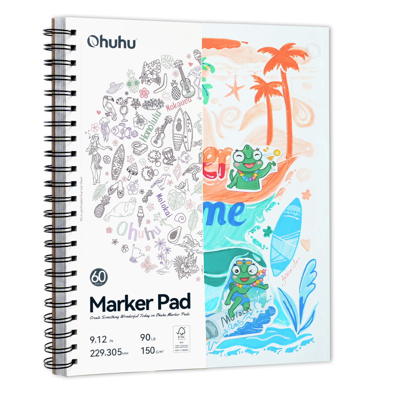 Ohuhu Bleedproof Double-Sided Marker Pad. Spiral-Bound