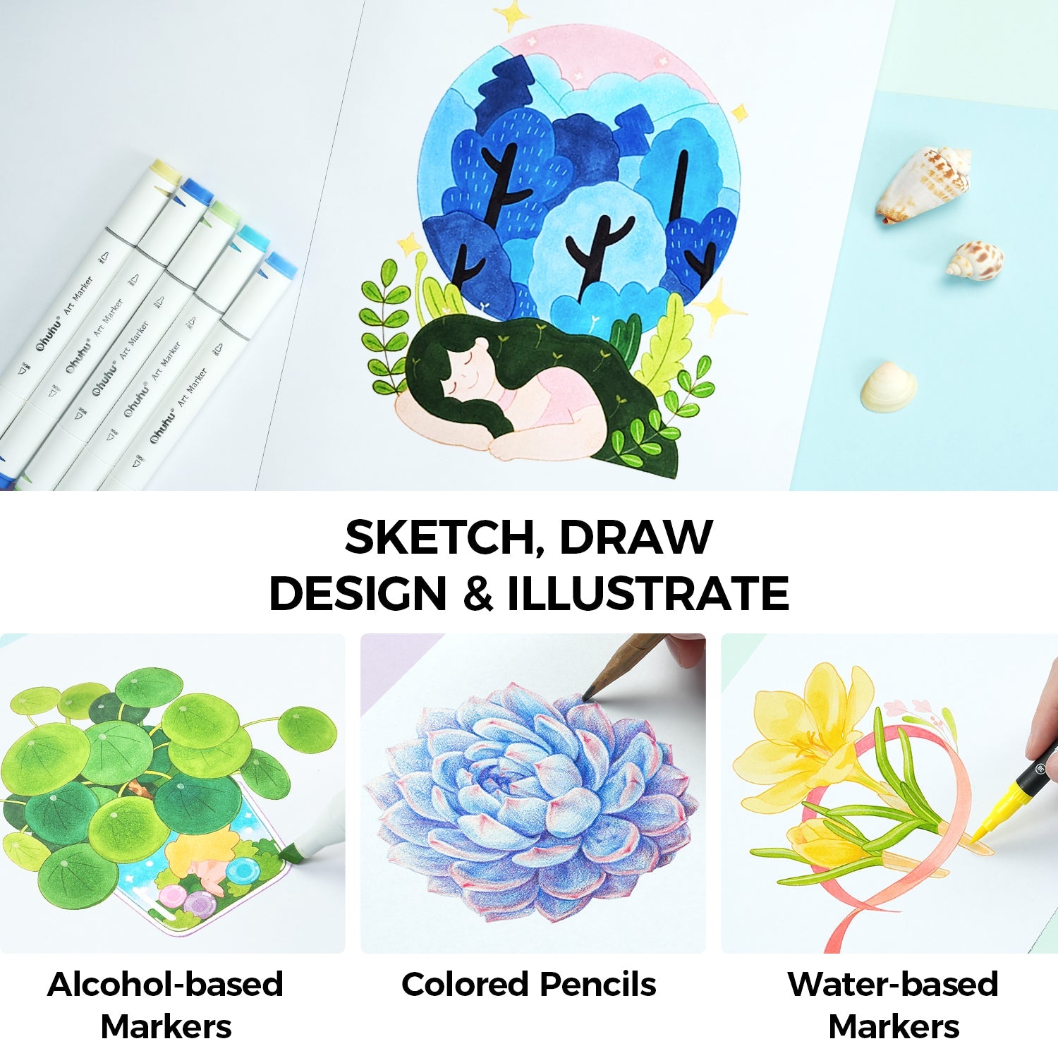 Ohuhu Bleedproof Double-Sided Marker Pad. Glue-Bound